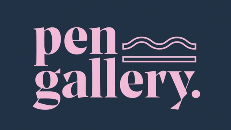 Pen Gallery printed in pink against a navy background