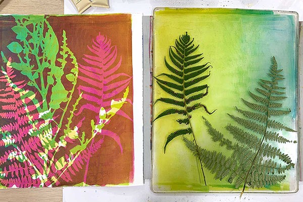 Ferns and plants printing using multicoloured gelli printing.